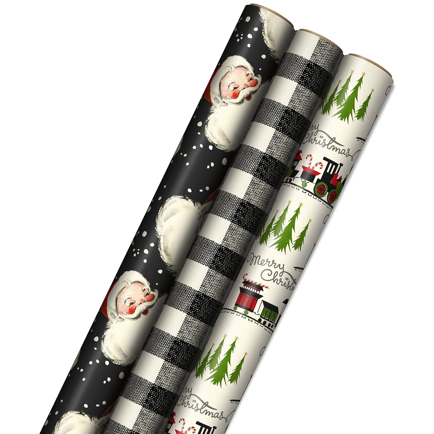 Hallmark Black Christmas Wrapping Paper with Cut Lines on Reverse (3 Rolls: 120 sq. ft. ttl) Retro Santa, Black and White Buffalo Plaid, Train and Trees (0005JXW1077)