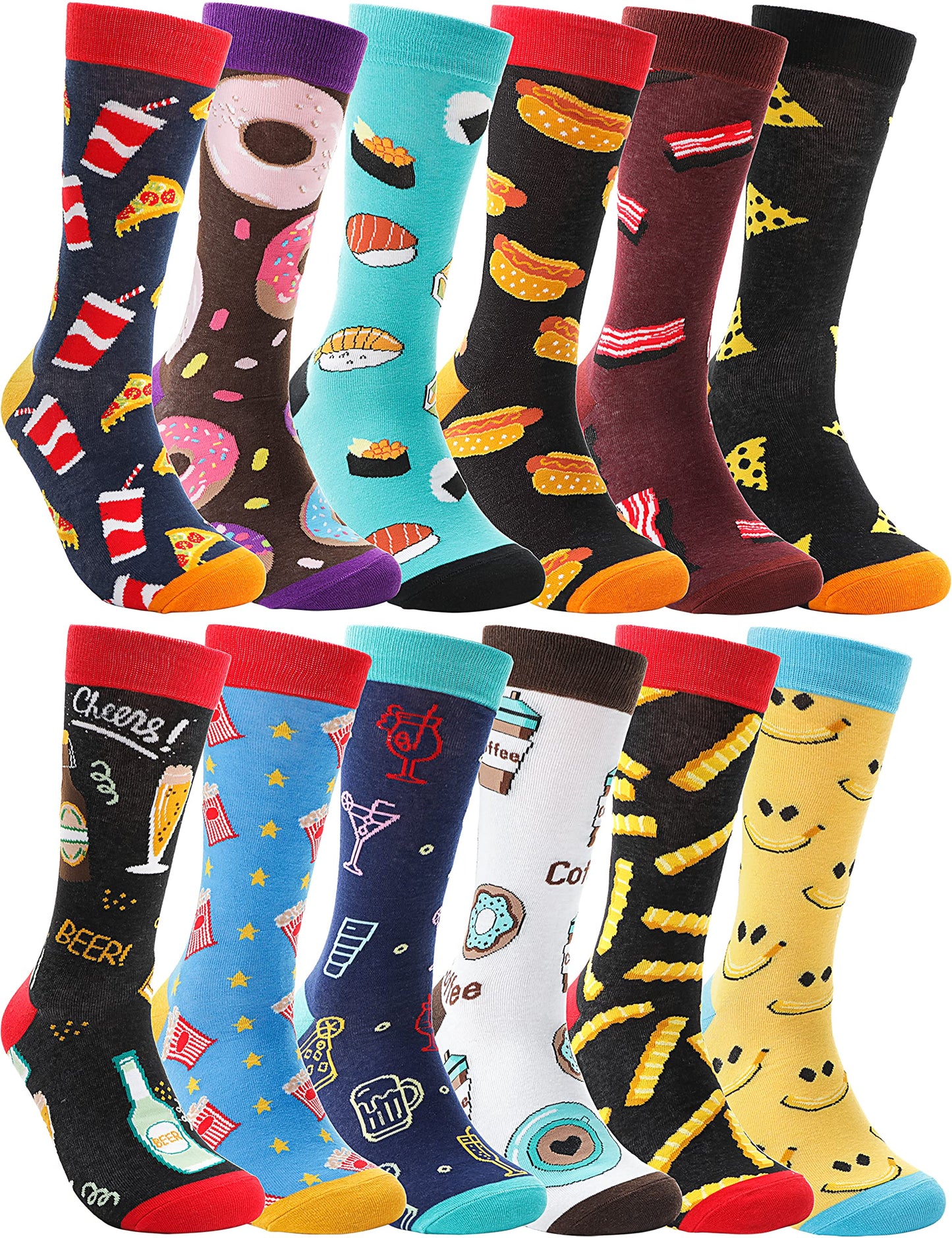 Funny Socks for Women Men Fun Cozy Crazy Cute Novelty Gifts for Father Men dad husband Breathable Cotton Boot Socks Stocking Stuffers（ Food A（12 Pairs）,L)
