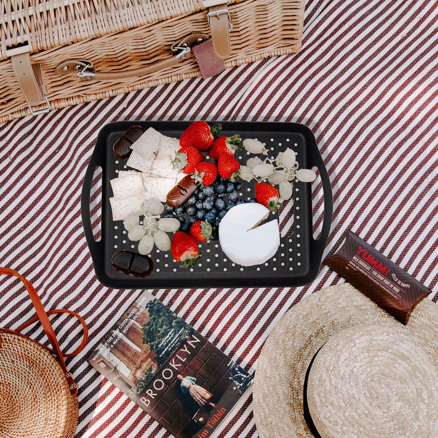 ECOIOU Non Slip Food Serving Tray with Handles, 2-Pack Rectangle Anti-Slip Non-Toxic Dishwasher Safe Tray for Snack Fruit Dessert Breakfast Drink (Black)