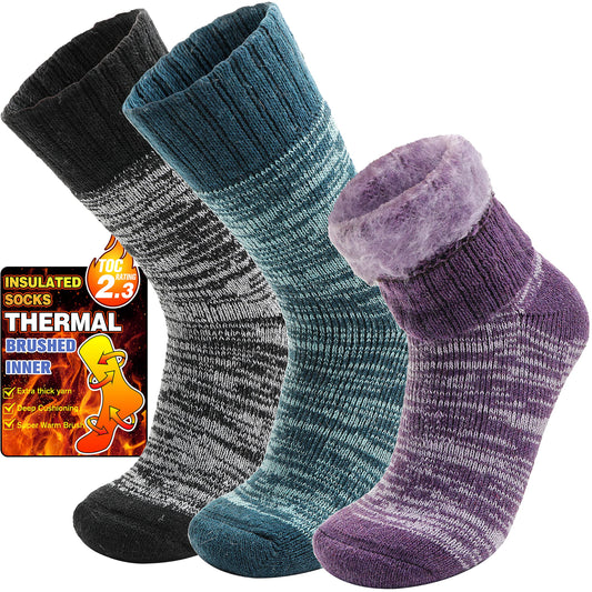 Welwoos Heated Thermal Socks for Women & Men Winter Warm Ski Thick Boot Insulated Gift Socks Stocking Stuffers for Women 3 Pairs (Purple & Blue & Grey B,L)