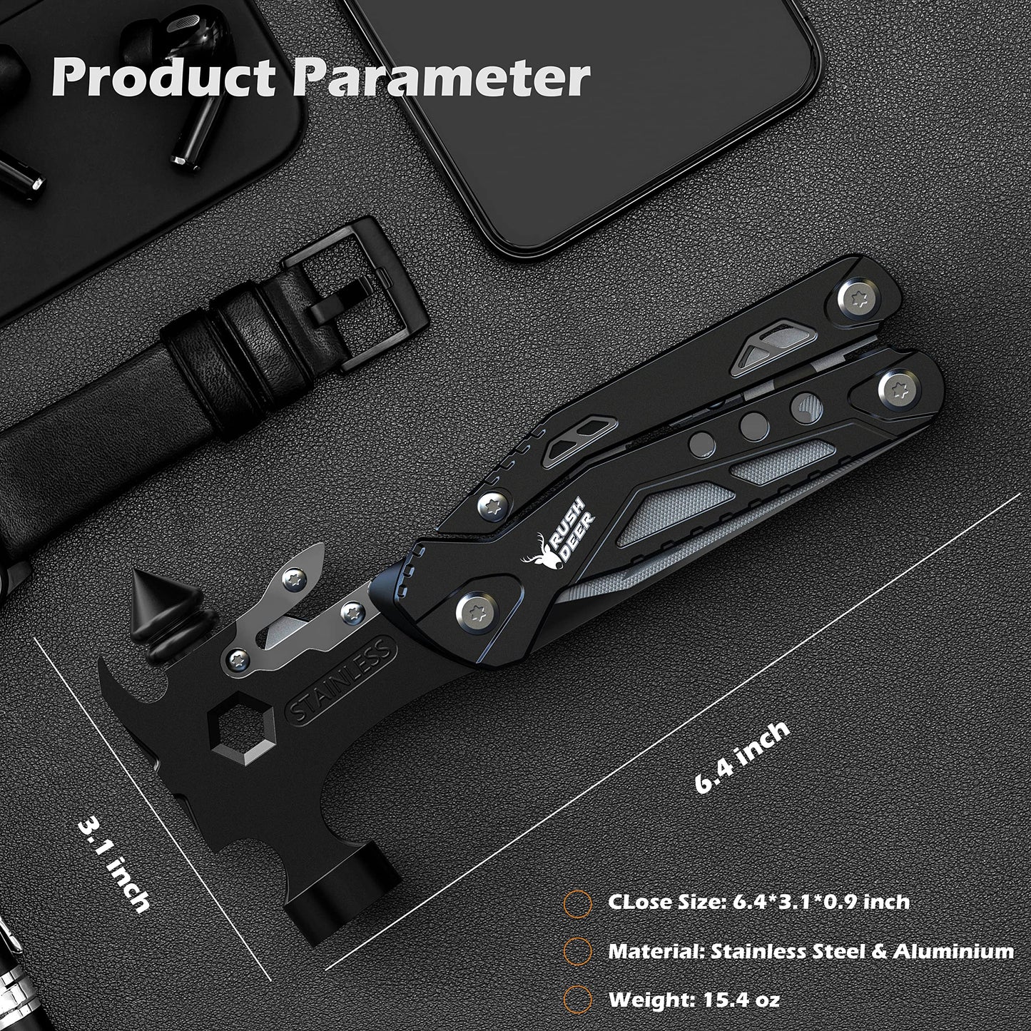 RUSH DEER 16-in-1 Multitool, Gifts for Dad, Hammer Multi tool, Utility Knife Multitools for Men, Survival Gear and Supplies, Christmas Gift for Boy Husbands